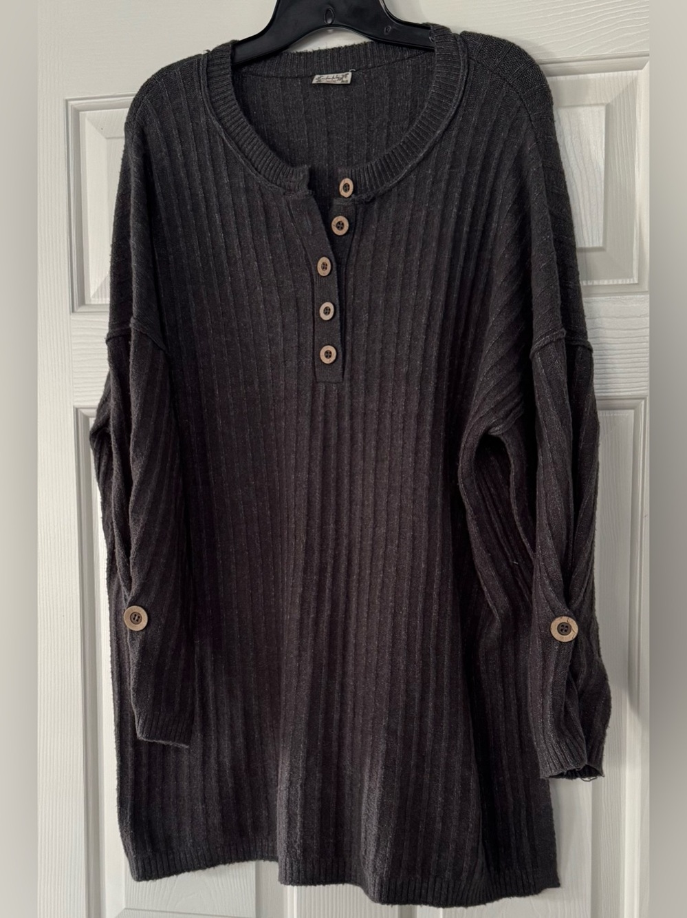 Free People Ribbed Henley Tunic Dress - Charcoal sweater